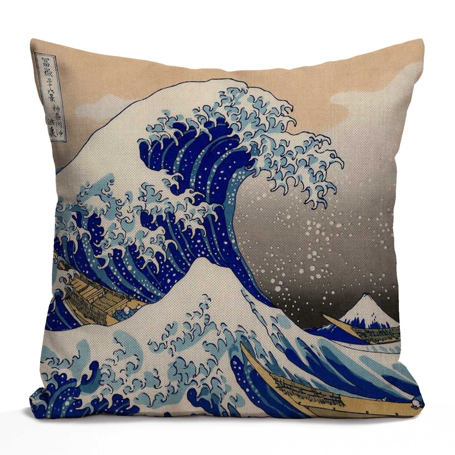Tomda Multi040 Hokusai The Great Wave Cushion Cover Throw Pillow Case Cotton Linen 45X45cm 18X18 Inch For Sofa Couch