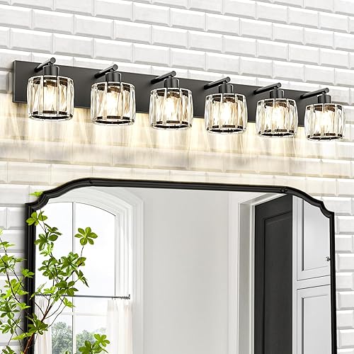 VOLISUN Luces de tocador de cristal para baños, luz de tocador de baño de 6 luces, moderna luz de baño negra mate sobre espejo, accesorios de luces
