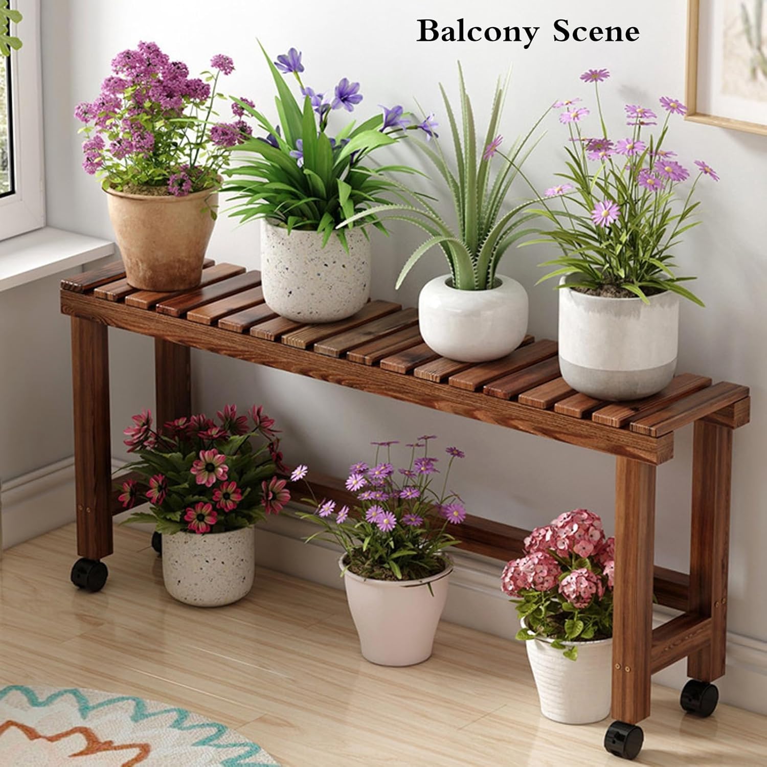 plant-racks Wooden Bench Plant Stand – Single Tier Flower Pot Holder, Movable Step Shelf With Wheels For Balcony Garden, Indoor/Outdoor Rolling Plant Rack(120*25*25cm)