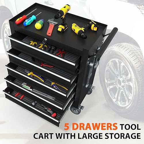 Miniatura 6 de Caja de herramientas con ruedas de 5 cajones, caja de herramientas con 4 ruedas y cajones, gabinete de almacenamiento de herramientas móvil