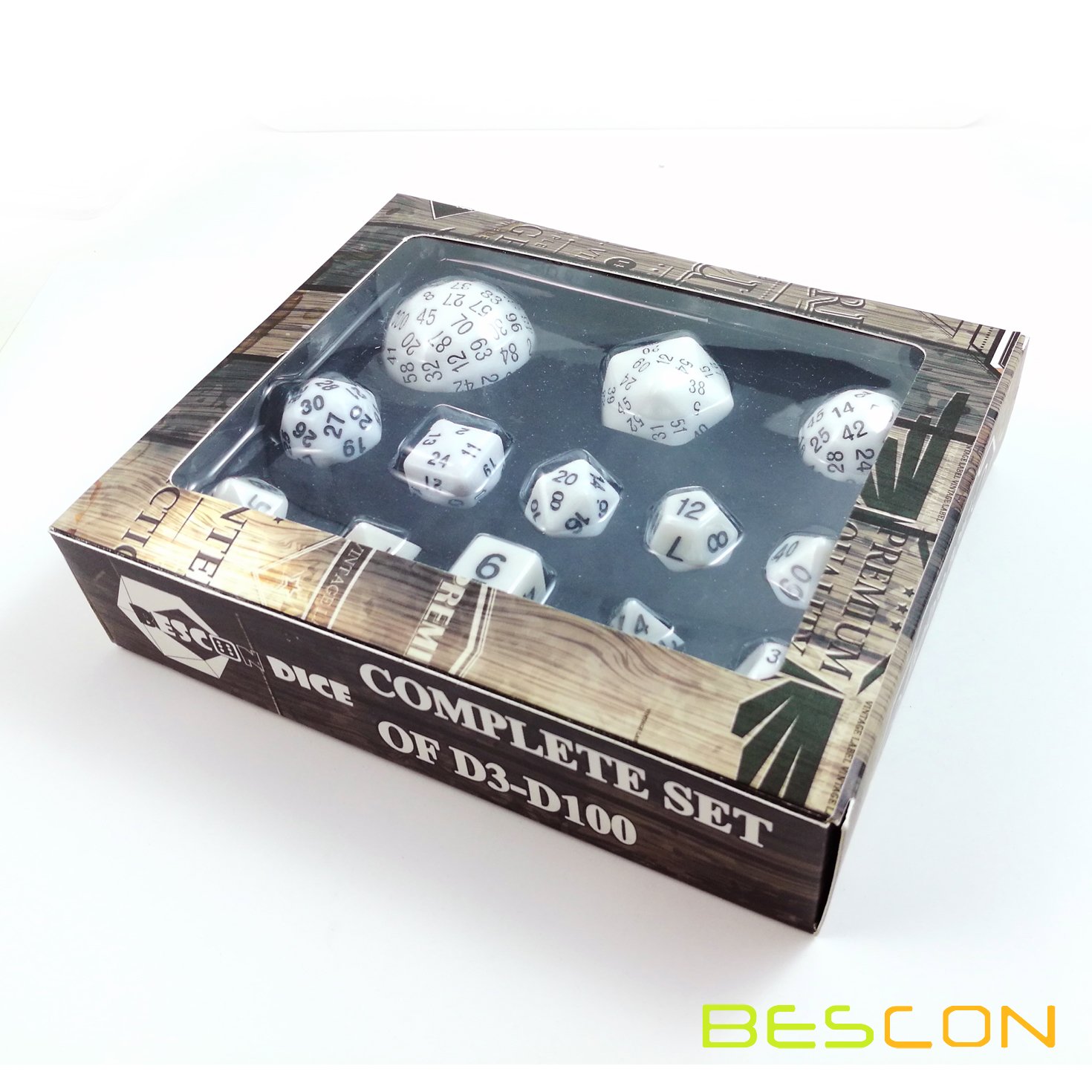 Bescon Complete Polyhedral Dice Set 13pcs D3-D100, 100 Sides Dice Set Opaque White - Image 2