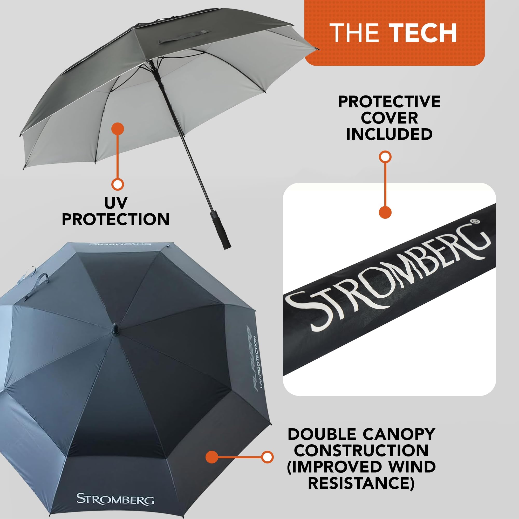 Stromberg Paraguas de golf de doble dosel de 68 pulgadas, accesorio de golf profesional con diseño resistente al viento y mango de agarre grande, protección robusta contra la intemperie, Negro, 68