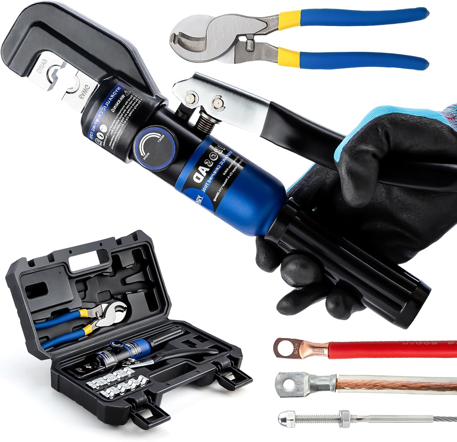 IBOSAD Hydraulic Crimping Tool and Cable Cutter Hydraulic Cable Lug Crimper 8 US TON 12 AWG to 00 (2/0) Electrical Terminal Cable Wire Tool Kit with 9 Die