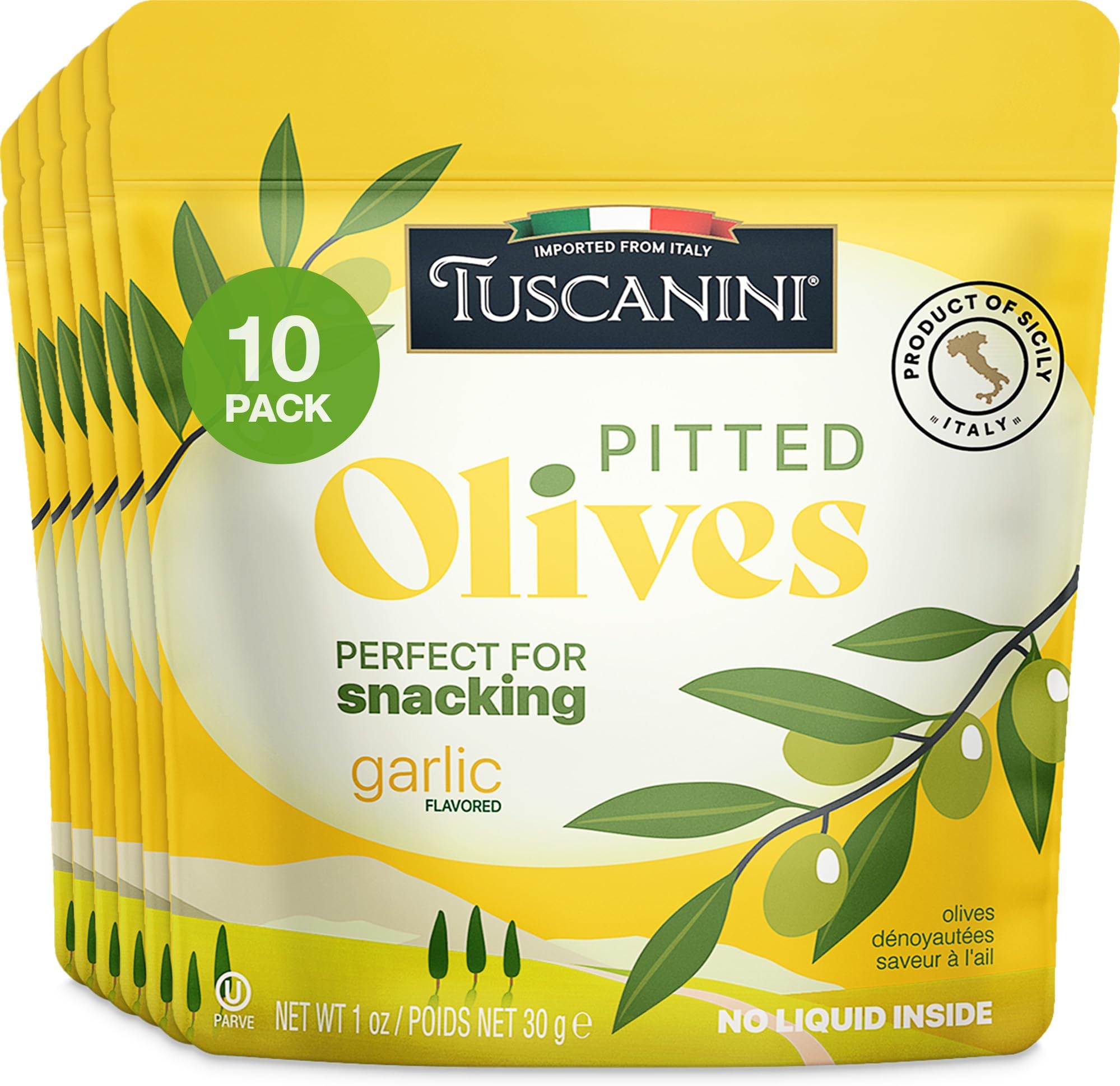 Italian Garlic Flavor Snack Olives, 1 oz (10 Pack) Pitted Olive Pouches for Snacking | No Oil | Gluten Free, Vegan | For Travel, Picnics and Office Snacks | Kosher