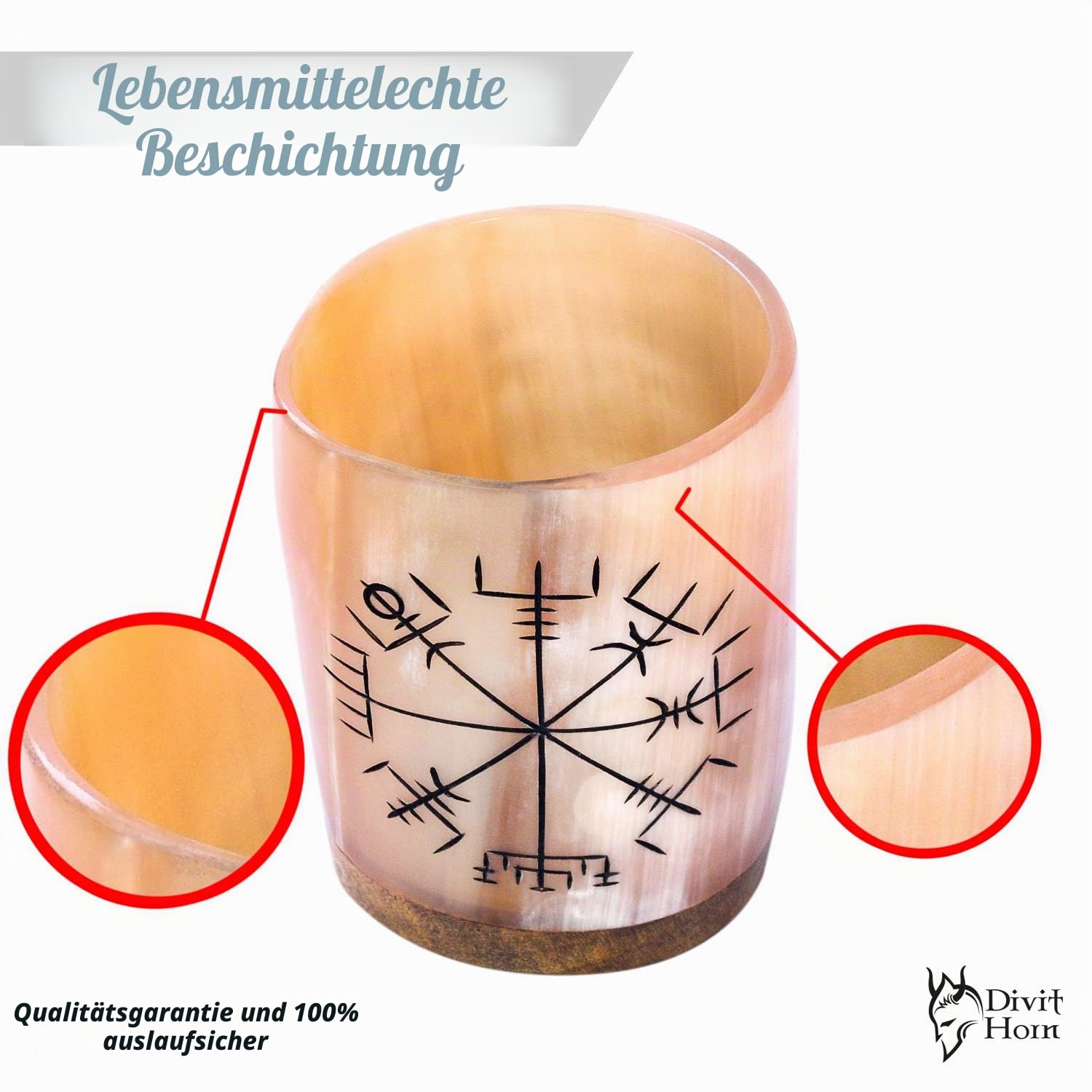 Divit Authentisches Horn-Schnapsgläser (6er-Set) mit Messing-Rand | Authentisches mittelalterliches Biertrinkhorn | Leinen-Geschenkbeutel inklusive | 148 ml (5 oz).