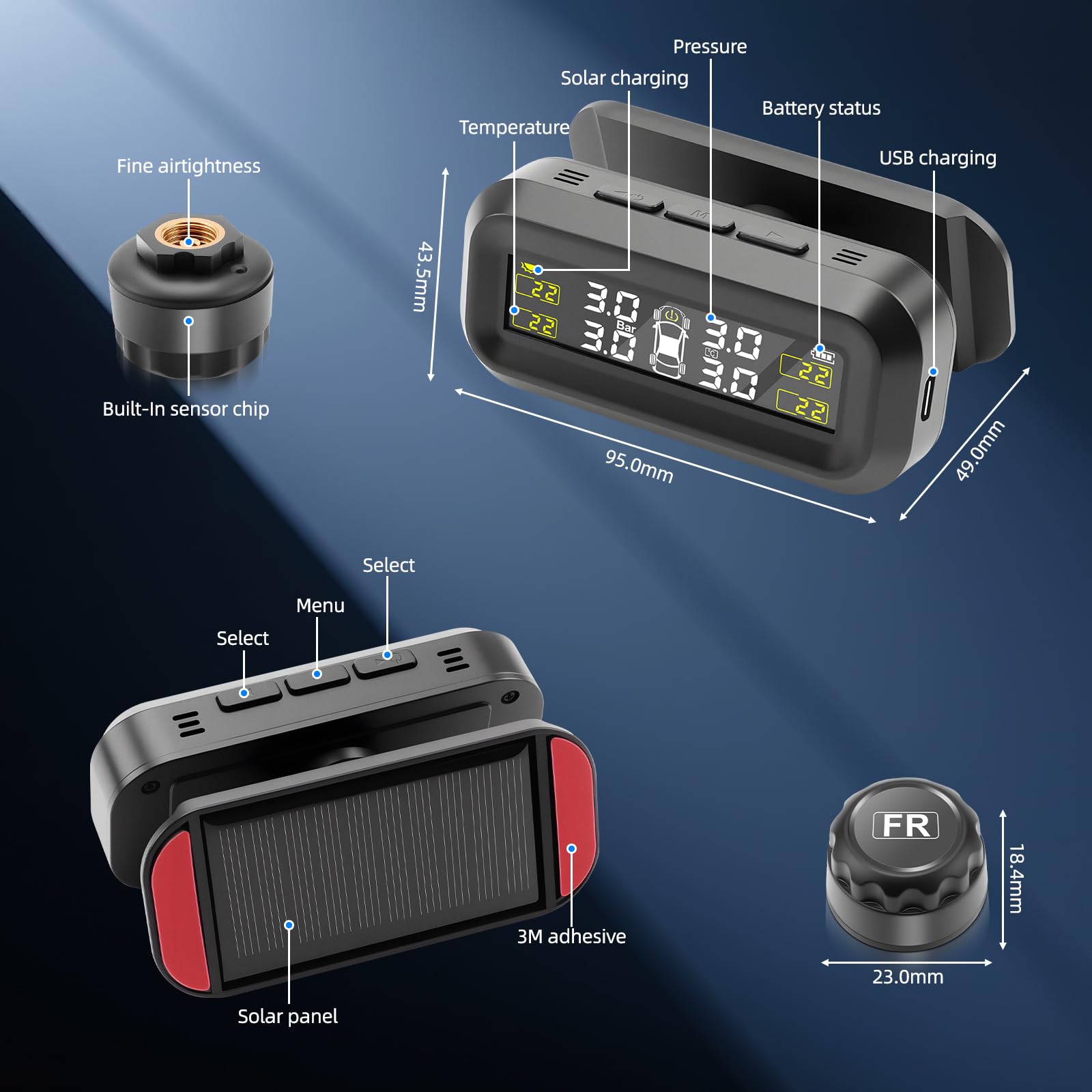 KAOLALI TPMS - Sistema de Control de Presión de Neumáticos 0-50 PSI, Fijación al Parabrisas, Carga Solar, Sistema de Control de Presión de Neumáticos con 4 Sensores Externos
