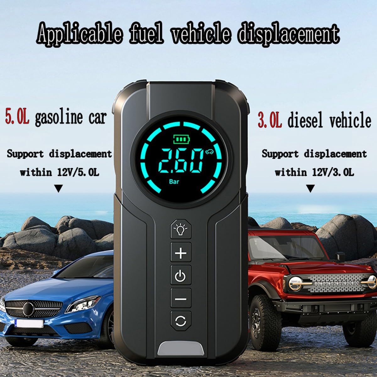 Przenośne urządzenie rozruchowe z kompresorem, 10 000 mAh urządzenie rozruchowe do akumulatora samochodowego (5,0 gazu / olej napędowy 3,0 l), 12 V 1000 A, rozrusznik do akumulatora samochodowego z