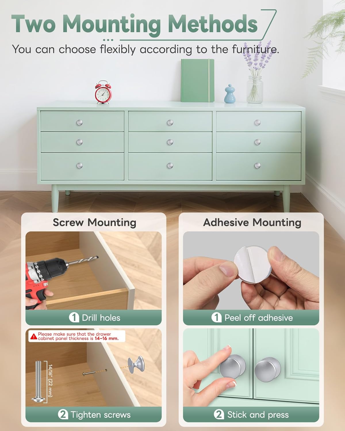 4-Pack Adhesive Drawer Knobs, Aluminum Alloy Stick on Cabinet Pulls for Kitchen, Bathroom, Wardrobe & Dresser - No Punching Peel and Stick Round Drawer Handle (4, Silver)