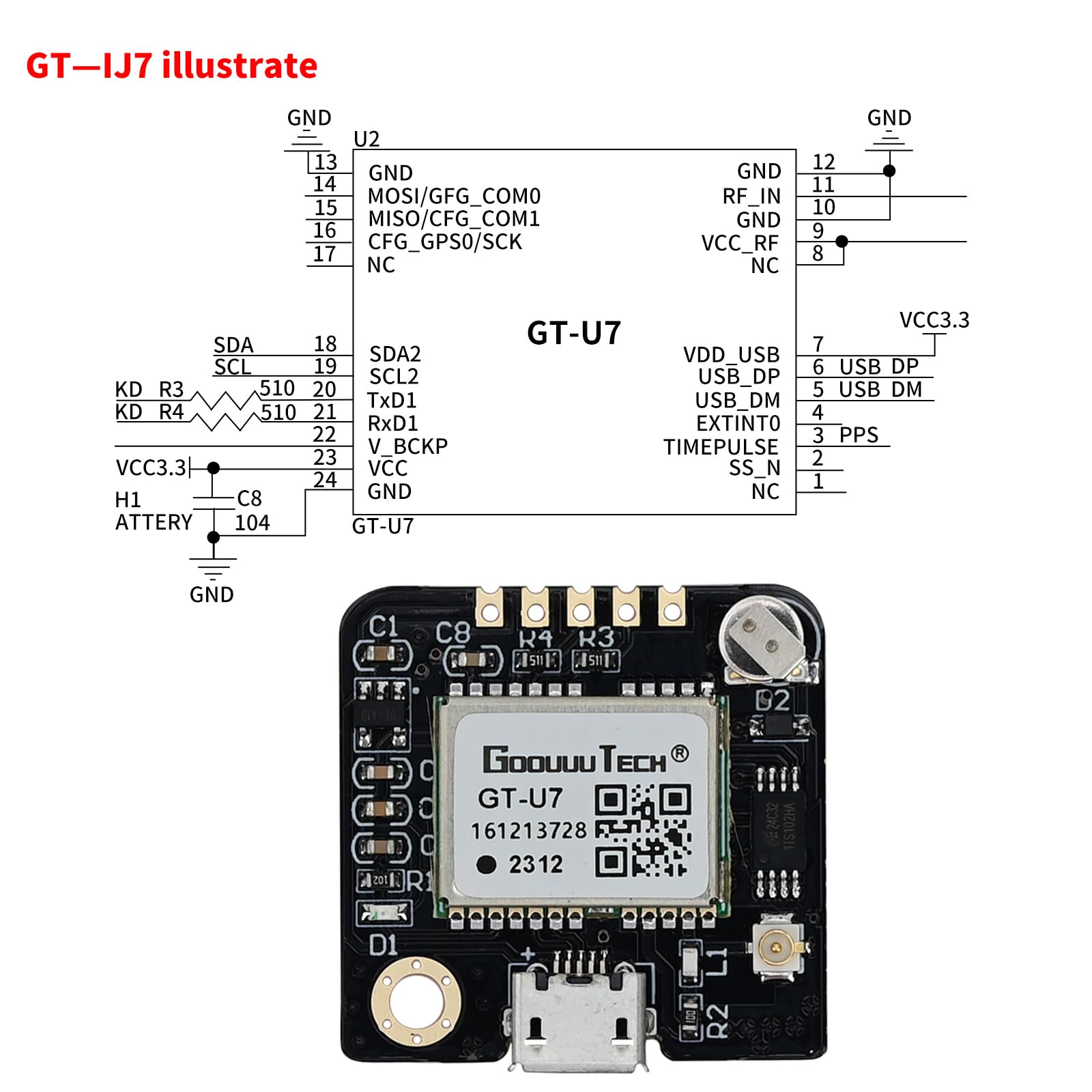 Módulo GPS GT-U7, pequeño Receptor GPS, bajo Consumo de energía, Alta sensibilidad con Antena IPEX Compatible con NEO-6M para 51 microcontroladores Arduino