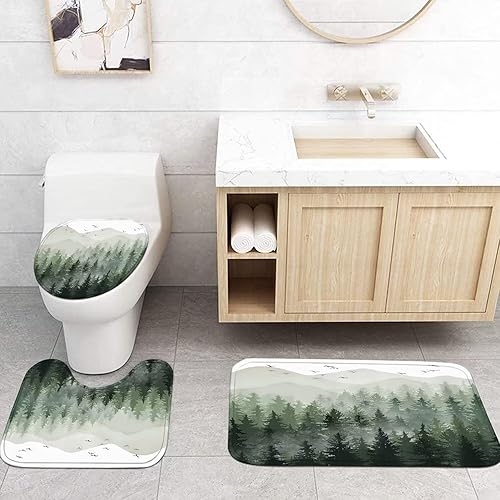 Miniatura 5 de Juego de 4 cortinas de ducha de bosque brumoso verde con 12 ganchos, alfombras antideslizantes, cubierta para tapa de inodoro y tapete de baño para