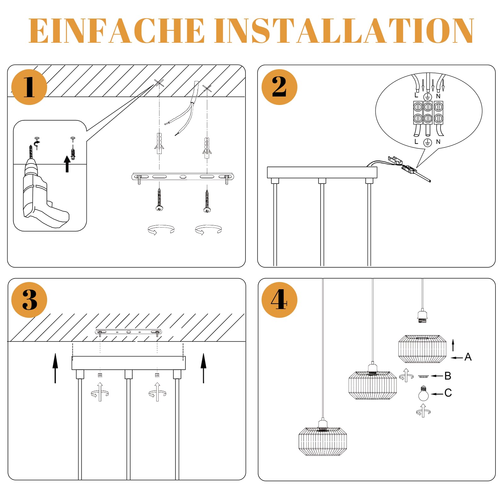 Pendelleuchte Boho Hängelampe Rattan Lampe Hängend Höhenverstellbar | Hängeleuchte Esszimmer 3 flammig Esstischlampe Retro Design mit E27 Fassung für Schlafzimmer Wohnzimmer/Ohne Leuchtmittel