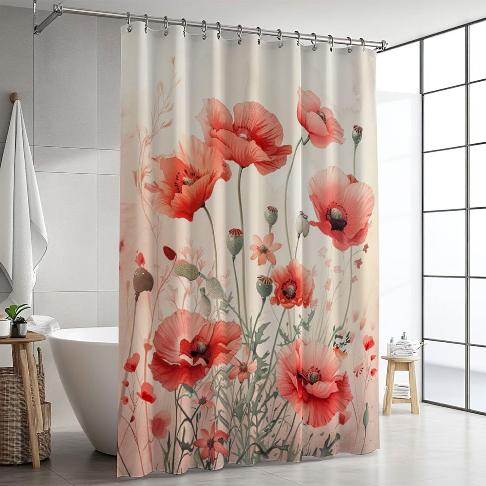 Duschvorhang Überlänge 200x240cm,Rosa Duschvorhänge Waschbar, Mohn Duschvorhang mit Gewicht, Wasserabweisend Stoff Shower Curtains, mit 12 Plastik Duschvorhangringen für Badewanne und Bad Deko GJ-695