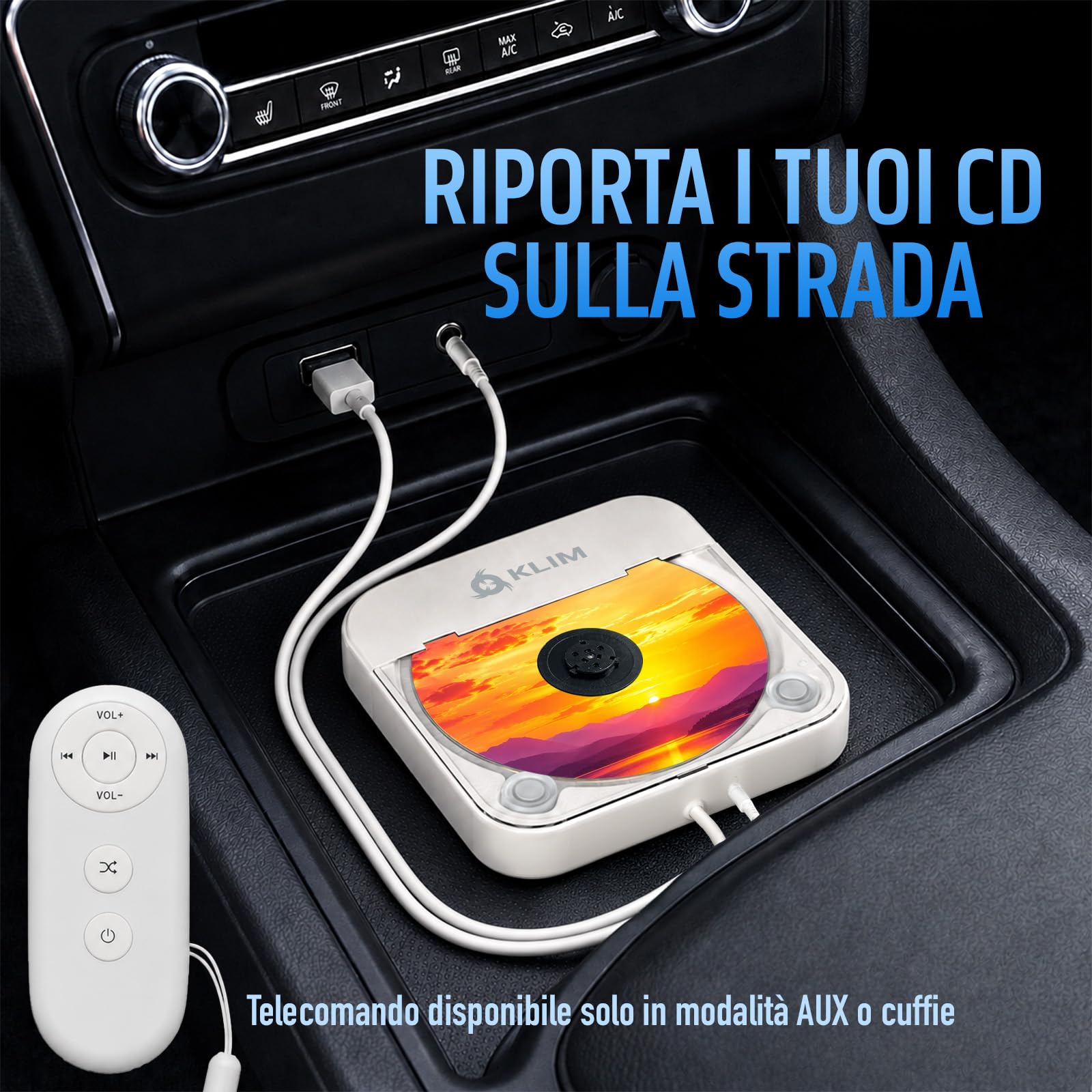 KLIM Lettore CD per Auto – Lettore CD Esterno per Auto Portatile USB, Anti-Shock, Plug & Play, AUX & USB, Telecomando, Compatibile con la Maggior Parte dei Veicoli e Laptop