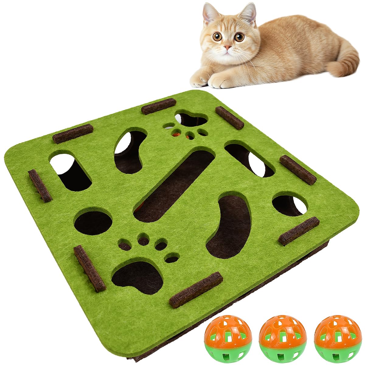Labyrinthe Jouet en Feutre pour Chat Vert/Marron - 30 x 30 x 7 cm avec 3 Boules Cloches Boîte à gratter Puzzle interactif en Feutre Fenêtre Interactive pour Chats et Chatons