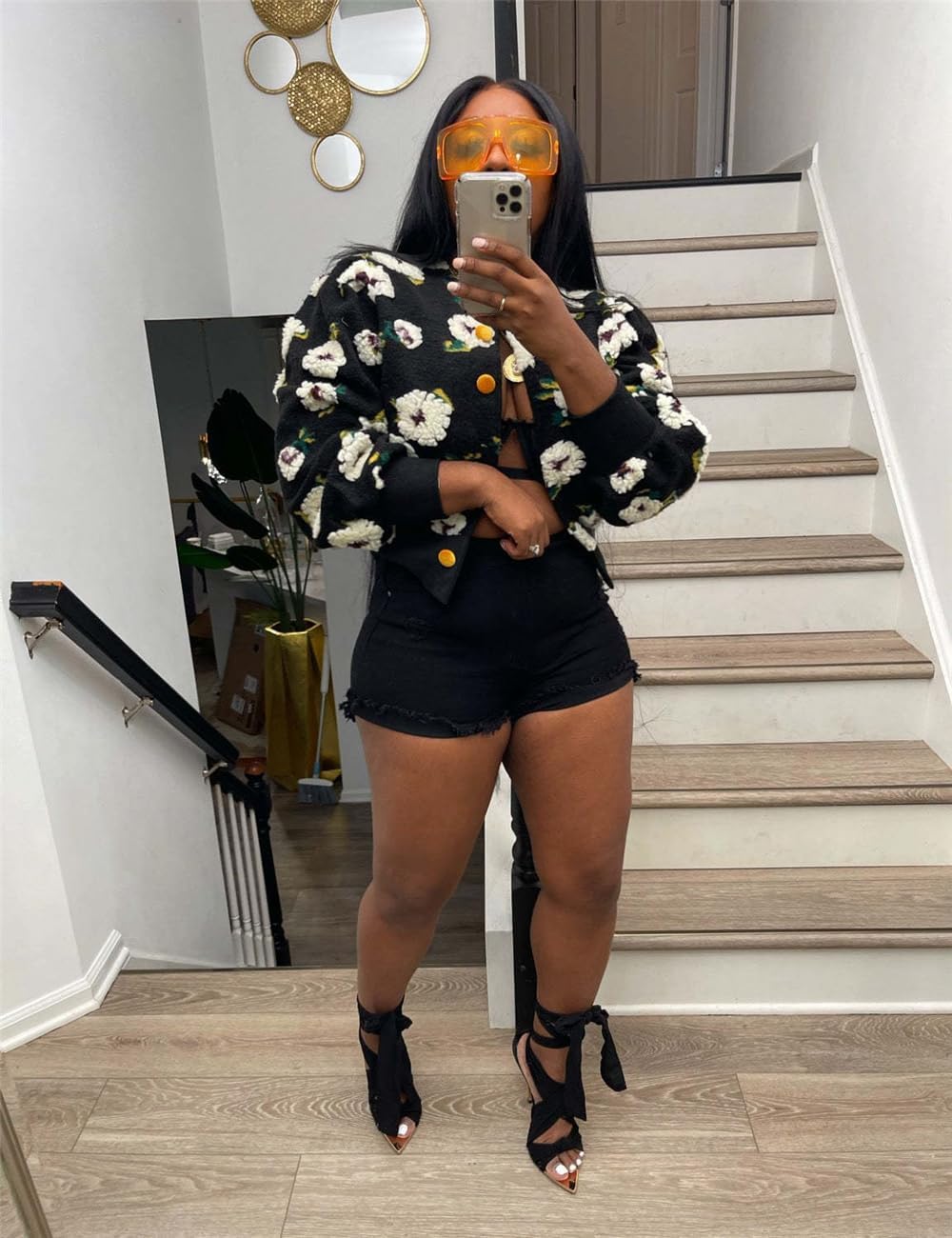 Women's 3D Flower Cropped Bomber Jacket Button Down Varsity Jackets - Image 2