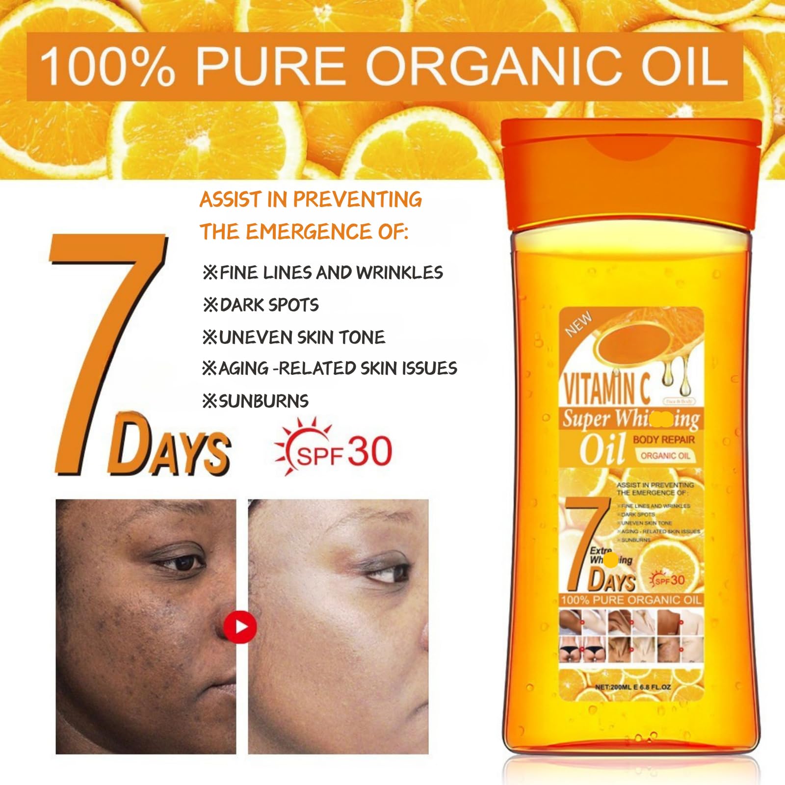 Vitamin C Body Oils for Women Essential Oils for Skin with SPF30&Night Repair,Brightening Anti-Aging Face&Firming Body Oil for Dry Skin,Dark Spots,Uneven Tone&Wrinkles,Glow Oils Body Care,200ml - Image 3
