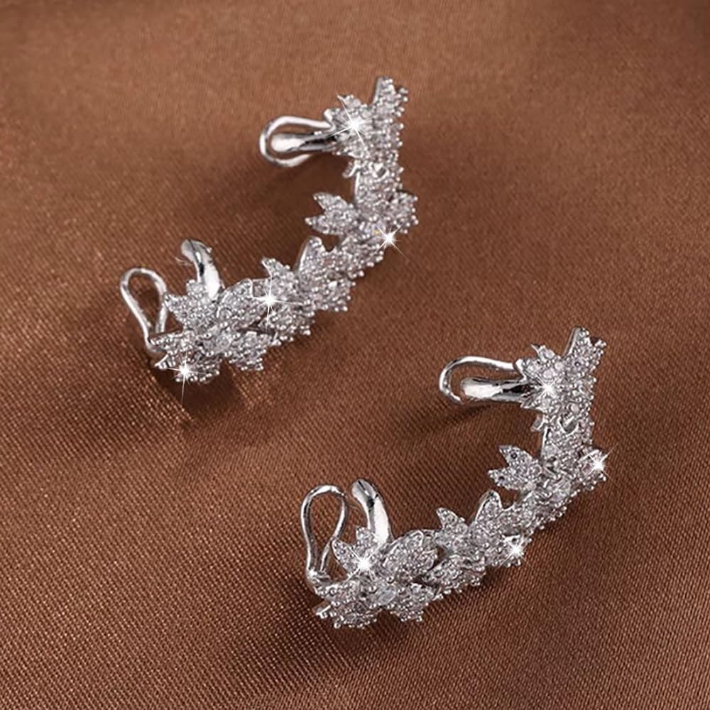 Cubic Zirconia Flower Ear Cuff For Women Sparkly Crystal Flowers Ear Crawler Earrings Plant Floral Cartilage Clip On Wrap Earrings Jewelry Gifts
