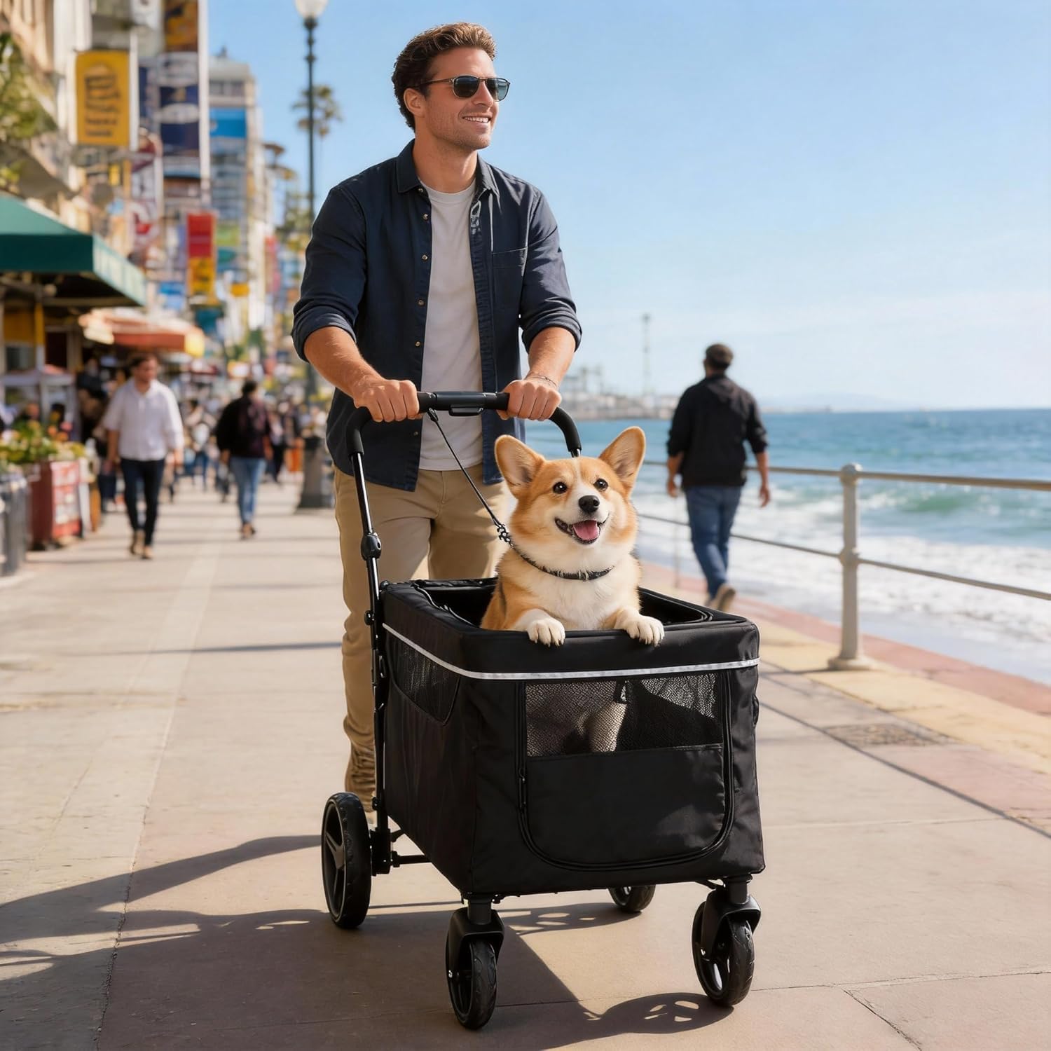 GarveeLife Passeggino per cani 2 in 1, pieghevole, per cani e gatti di grandi dimensioni e medie dimensioni, con finestre a rete, supporto per bevande, manico regolabile e ruote a 360°, fino a 50 kg