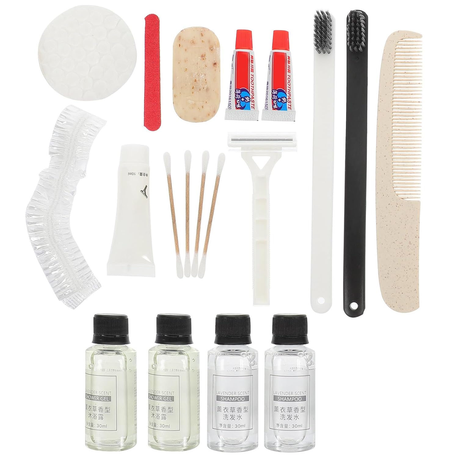 Disposable 1 Comb, 2 Soaps with 2 Toothbrushes 13pcs Personal Care Supplies Toiletries Kit 2 Shower Caps, Shaver, Shampoo, Shower Gel in Abs Caring Bag for Home and Camping