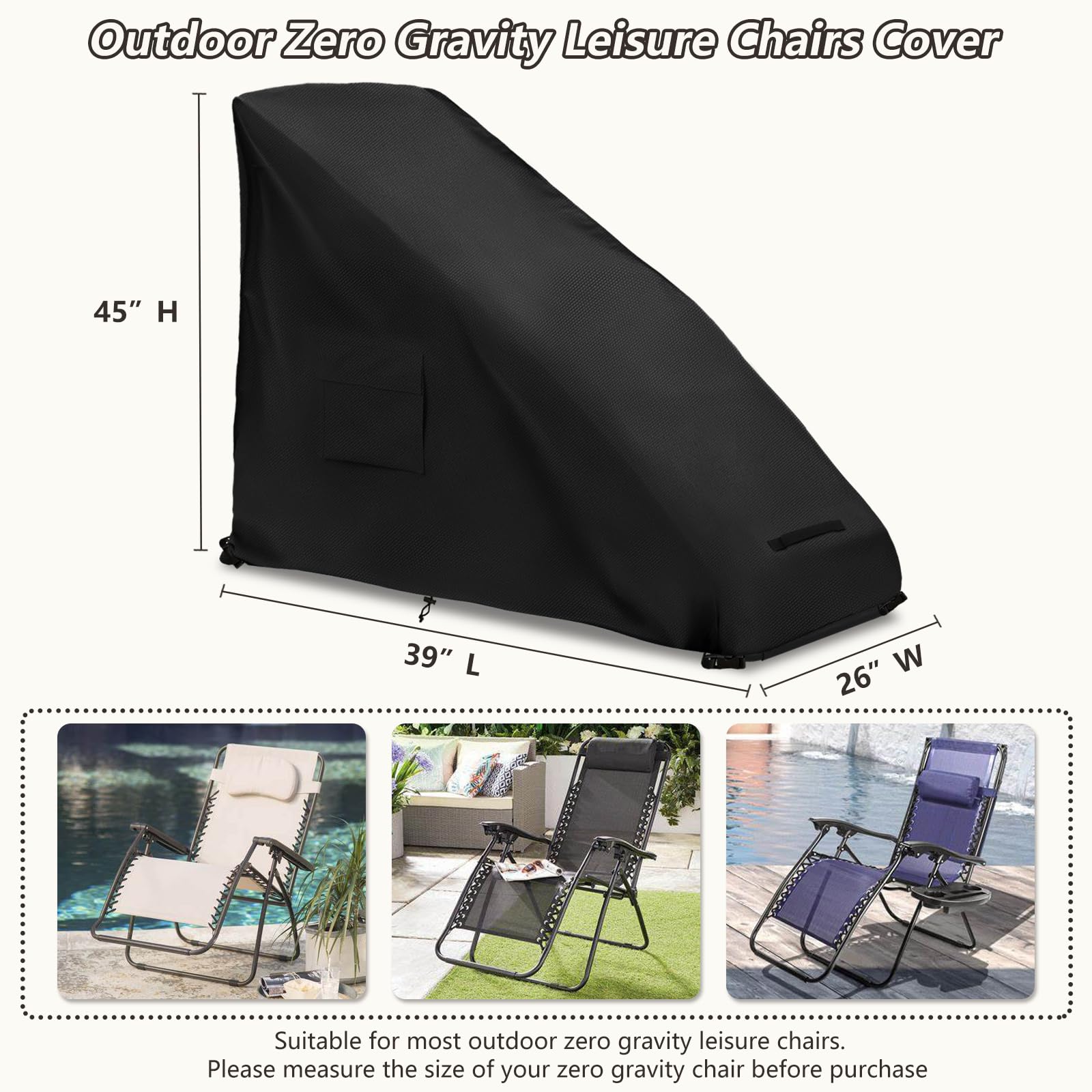 Housse de chaise Zero Gravity pour extérieur 600D imperméable et résistante - Housse de chaise longue pliante zéro gravité - Noir - 99,1 x 66 x 114,3 cm (L x l x H)