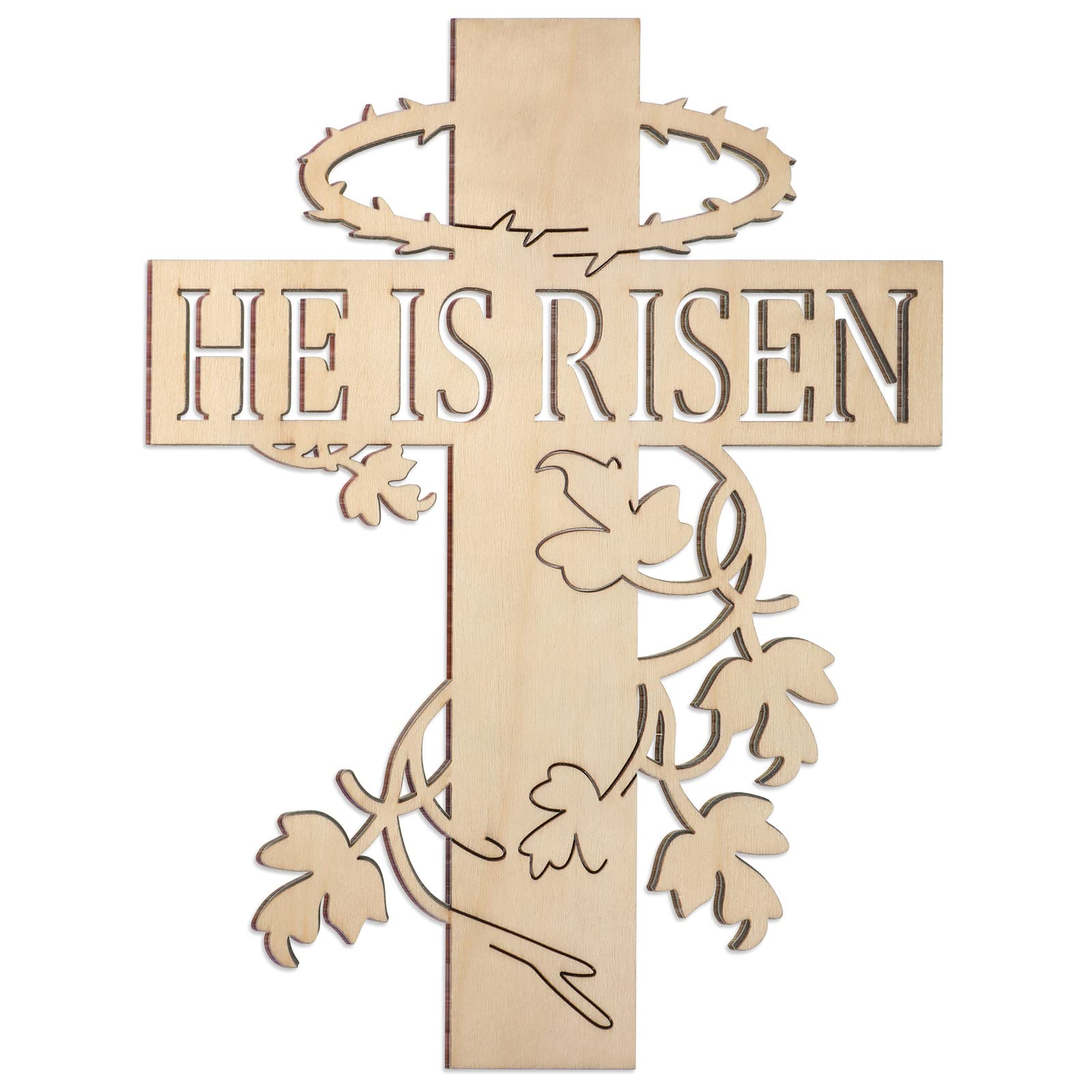 Wooden Easter Door Hanger He is Risen Decor Rustic Cross 9.8'' Sign Decor Religious Spring Easter Centerpieces for Tables Carved Christian Wall Art Wood Hand Cross Hanging Wall Sign for Home Decor