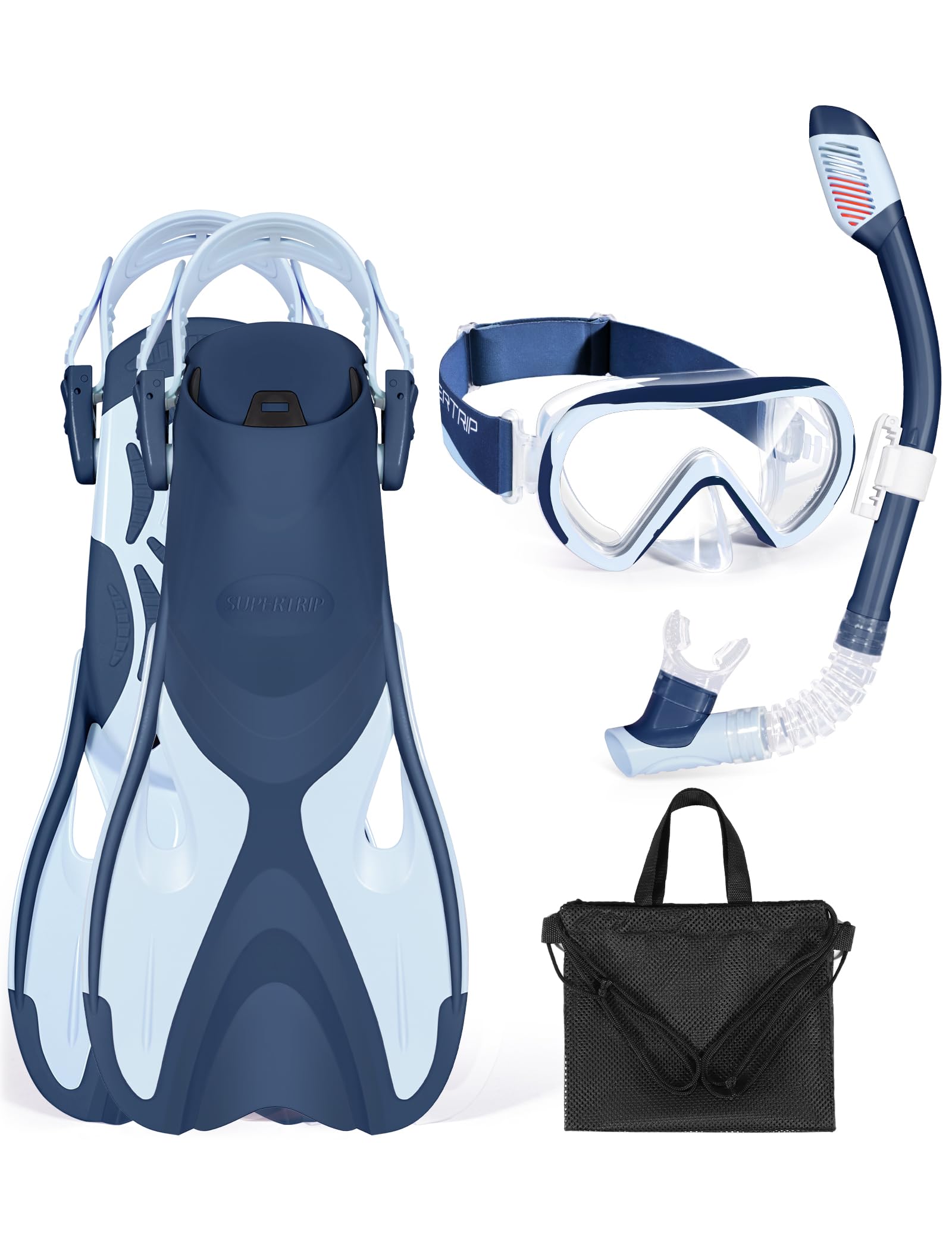 Supertrip Set per Snorkeling per Bambini con Pinne, Maschera Subacquea Panoramica a 180°, Pinne Regolabili e Boccaglio Dry Premium，Set da Snorkeling 4 in 1 per Bambini dai 6 ai 14 Anni
