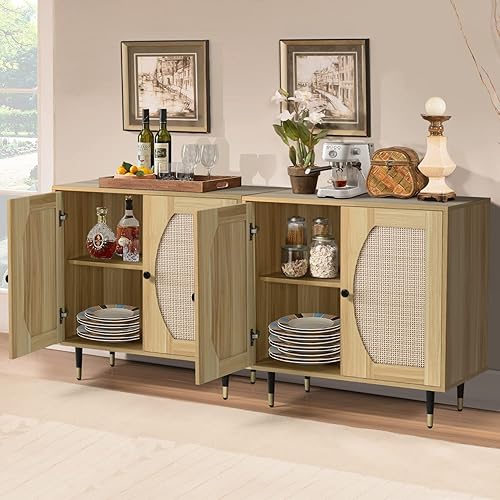 Miniatura 5 de 4ever2buy Aparador de bufé gabinete de acento de ratán gabinete de almacenamiento de cocina con puertas mesa de consola de gabinete de entrada con