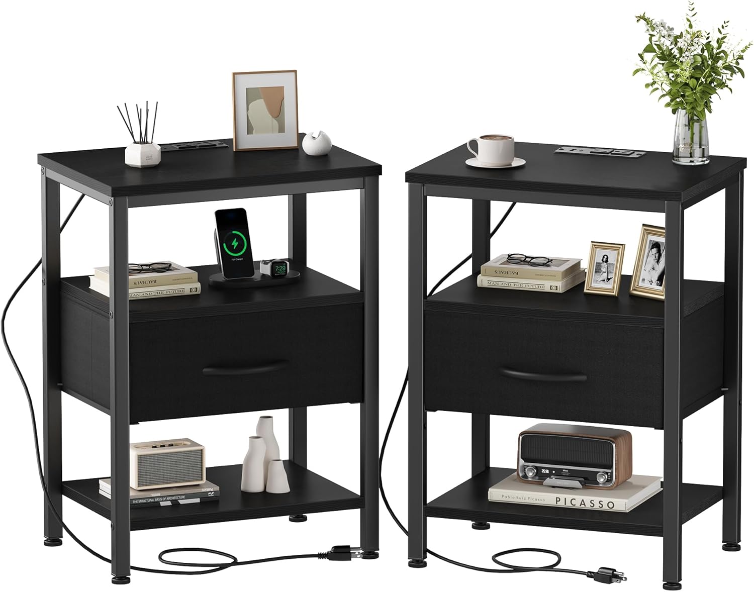 DUMOS Nightstand Set of 2 with Wireless Charging Station Bed Side Tables with Adjustable Fabric Drawers 3-Tier Storage End Tables Modern Design,Black