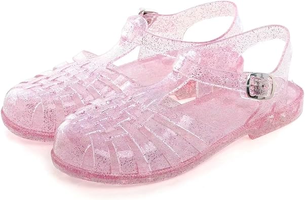 LUXINYU Women Jelly Sandals Adjustable Buckle T-Strap Round Toe Slingback Bling Flats Summer Fishermans Sandal Glitter Rain Shoes