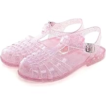 LUXINYU Women Jelly Sandals Adjustable Buckle T-Strap Round Toe Slingback Bling Flats Summer Fishermans Sandal Glitter Rain Shoes
