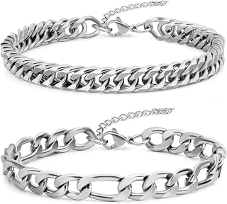 2PCS Cuban Link Figaro Bracelet for Men, Silver Gold Black Sturdy 316L Stainless Steel Cuban Link Chain with 2-inch Extension Chain Jewelry Set with Gift Message Card 8mm