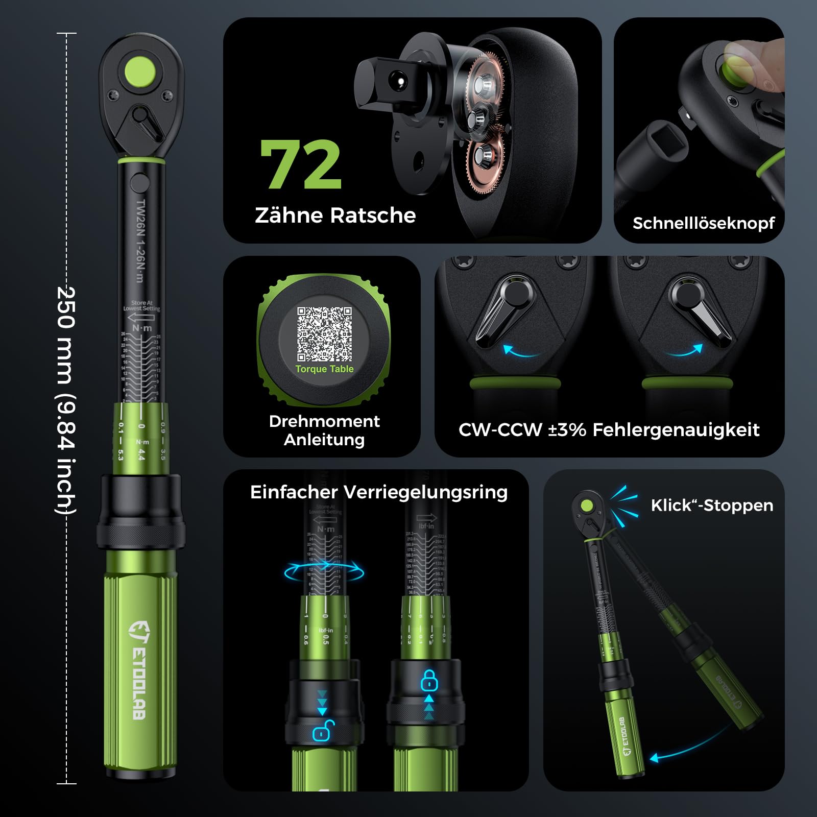 ETOOLAB Drehmomentschlüssel Fahrrad 1/4" Set-25tlg | Drehmomentschlüssel ±3% Fehlergenauigkeit, 1-26 N·m/10-231,3 lbf·in, 72 Zähne für Reifenwechsel/Motorrad/Fahrrad