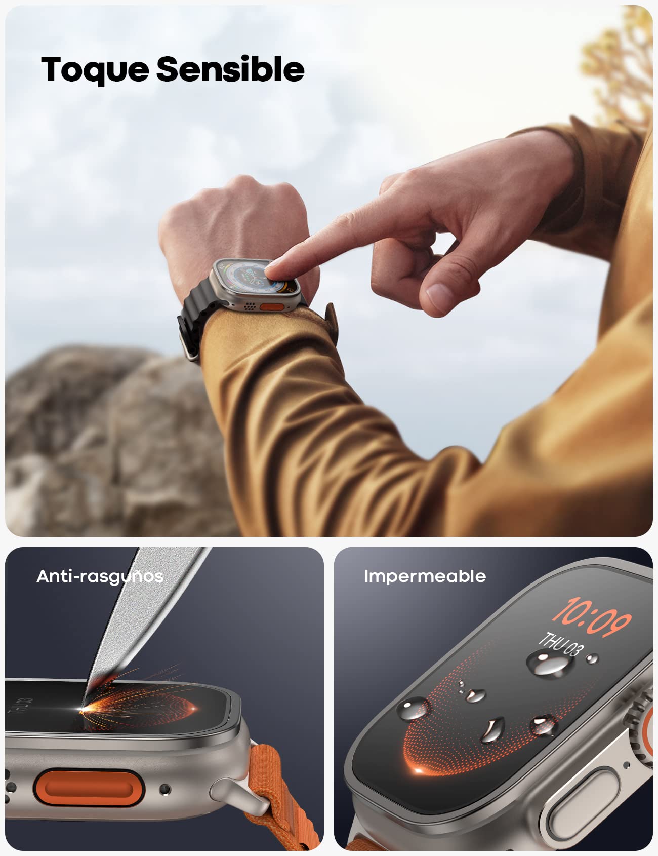 Lamicall Protector de Pantalla para Apple Watch Ultra 2 49mm, Titanio, 9H Cristal Templado, Cobertura Completa