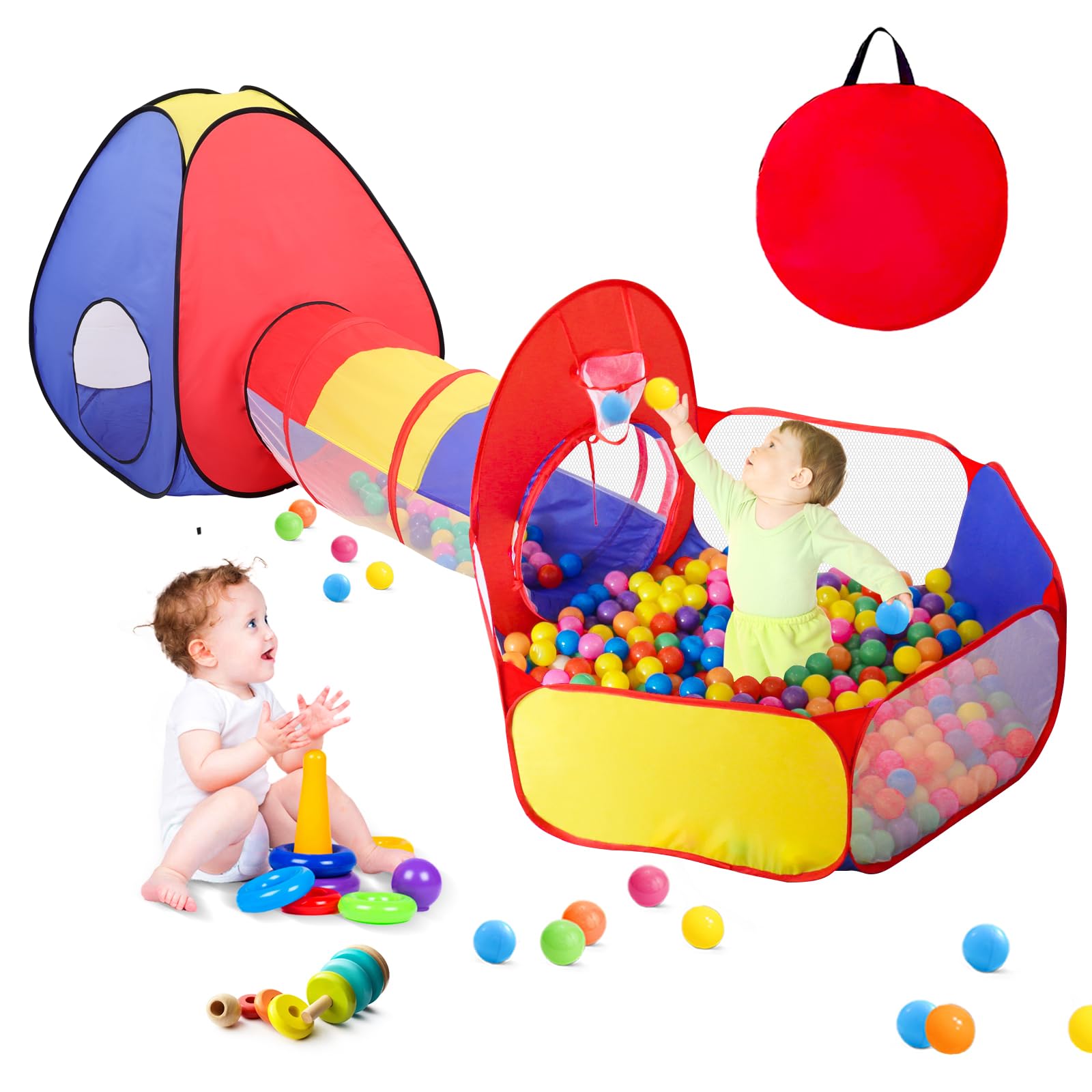 3 in 1 Kids Play Tent for Toddler with Baby Ball Pit and Play Tunnel, Children Indoor Outdoor Playhouse with Climbing Tunnel Toy for Toddlers, Boys and Girls Best Birthday Gifts(No Balls)