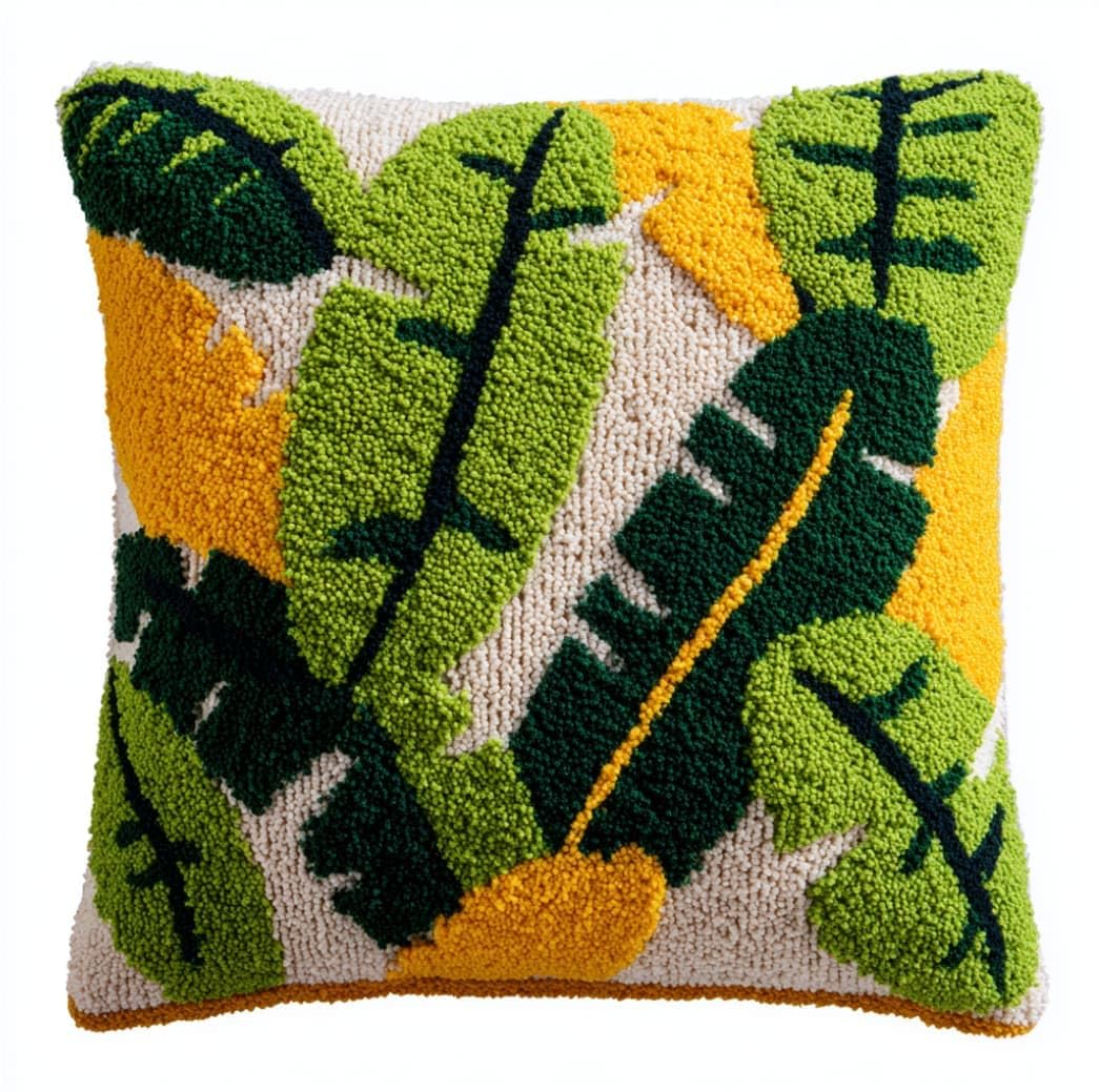 Taxpy Latch Hook Cushion Kits Leaf Pillowcase Kits Embroidery Kit 17X17 Inch DIY Needlework Pillow Cover Sofa Cushion Rug Making