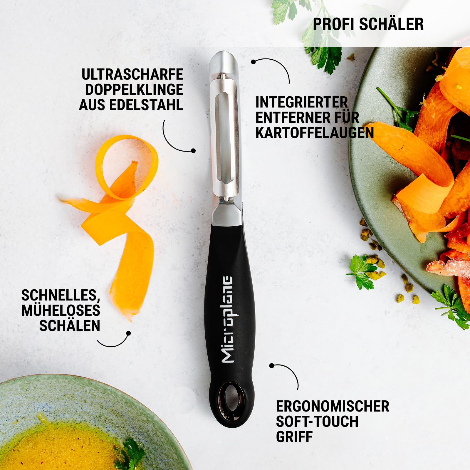 Microplane Gourmet Küchenreibe Set 3-teilig – Premium Zester, Reibe sehr grob & Gemüseschäler | Edelstahl, ultrascharfe Klingen, rutschfester Soft-Touch-Griff, Profi Küchenhelfer