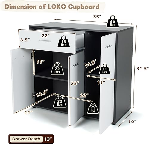 Miniatura 3 de LOKO Gabinete de buffet con almacenamiento, gabinete de almacenamiento de cocina multifuncional con estante ajustable y dispositivos anticaída, mesa