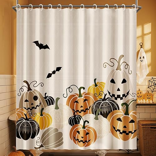 Juego de cortinas de ducha de Halloween, estilo bohemio, diseño de calabaza, diseño de murciélagos, terror, divertidas, bonitas, cortinas de baño