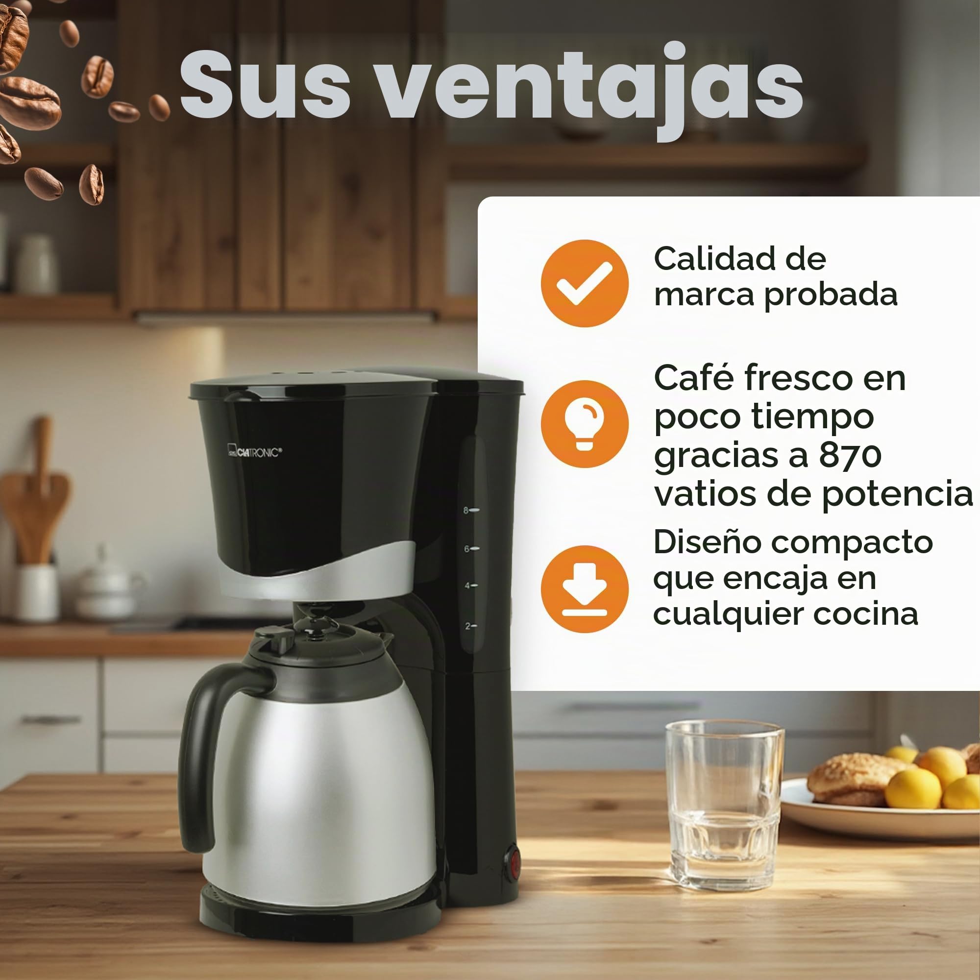 Clatronic Cafetera para 8-10 tazas de café de filtro, con jarra térmica, sistema antigoteo y desconexión automática, filtro extraíble, indicador de nivel de agua aproximativo 1 litro, KA 3327 negro