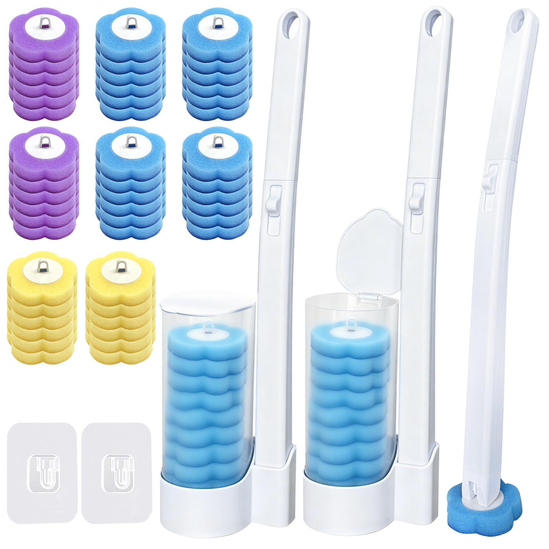 TZEKING Set Scopino WC Usa e Getta 54 Pezzi – 2 Spazzole con Manico Lungo, 2 Supporti a Parete con Staffa Adesiva, 48 Ricariche Detergenti in Spugna per Pulizia Bagno, Lavandino e Vasca