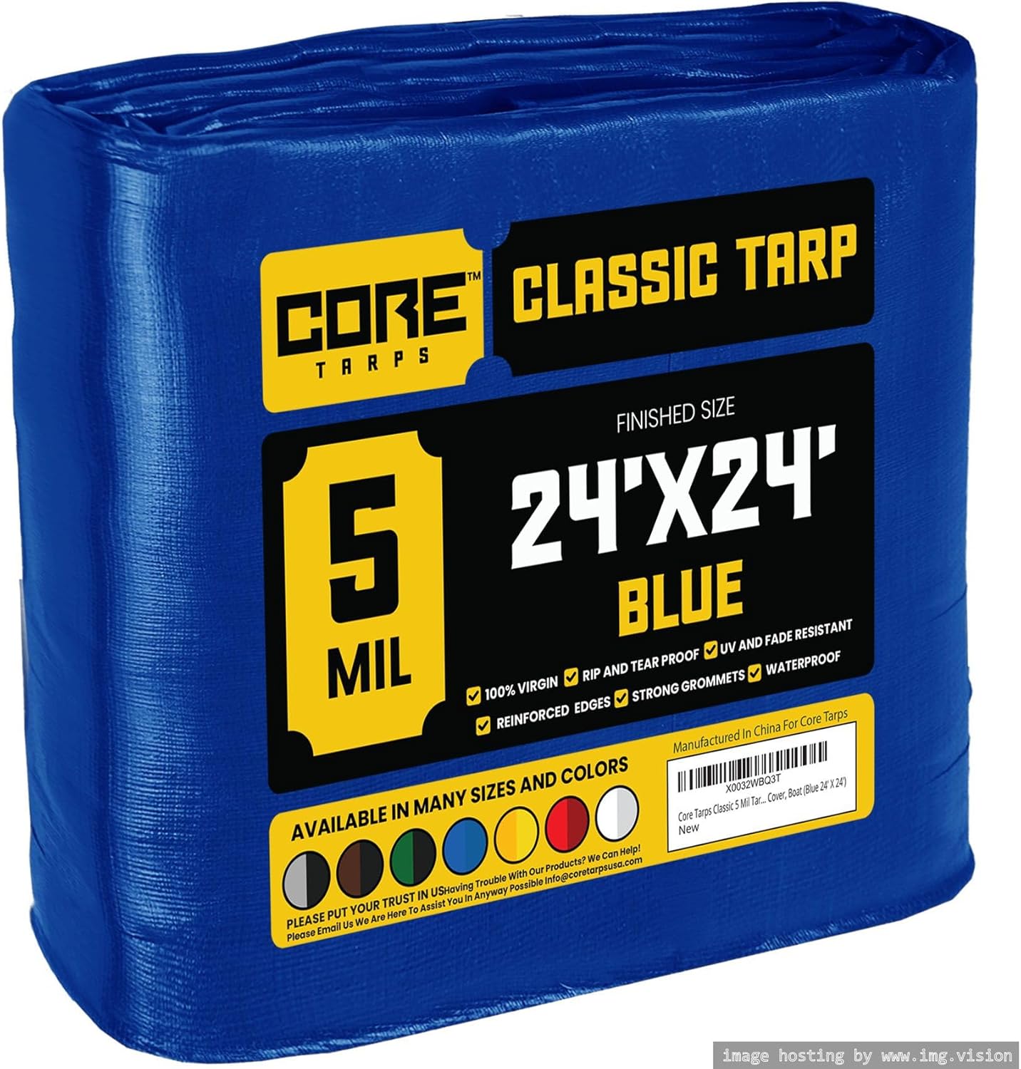 Core Tarps Classic 5 Mil Tarp Cover, Waterproof, UV Resistant, Rip and Tear Proof, Poly Tarpaulin with Reinforced Edges for Roof, Camping, Patio, Pool Cover, Boat (Blue 24 X 24)