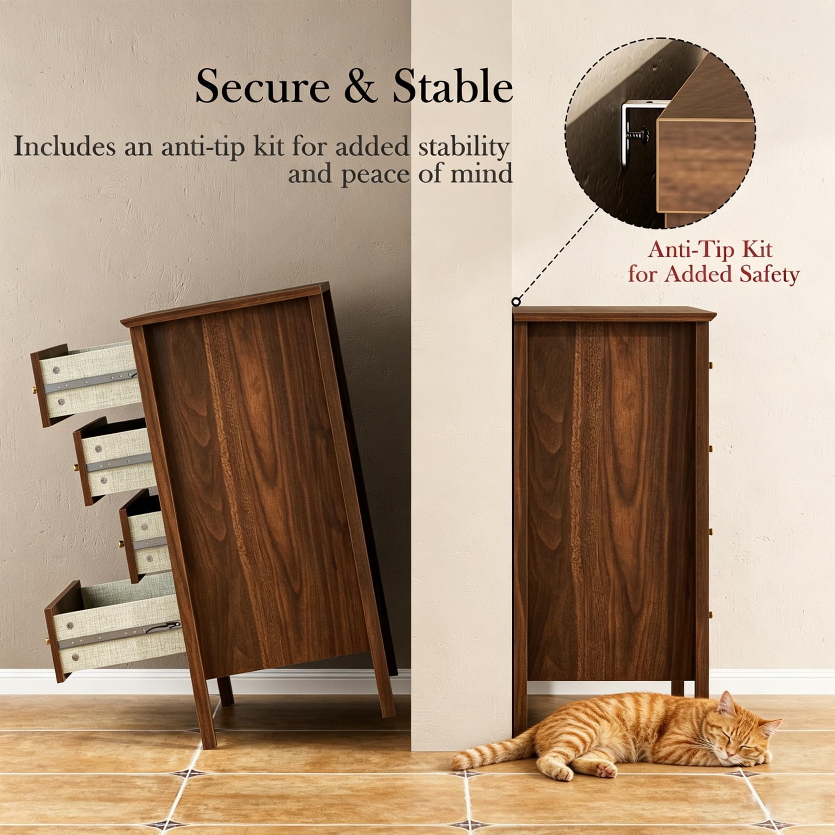 Kommode mit 4 Schubladen, Sideboard Holzkommode, Schubladenschrank für Büro, Wohnzimmer, Schlafzimmer, Küche, Nussbaum