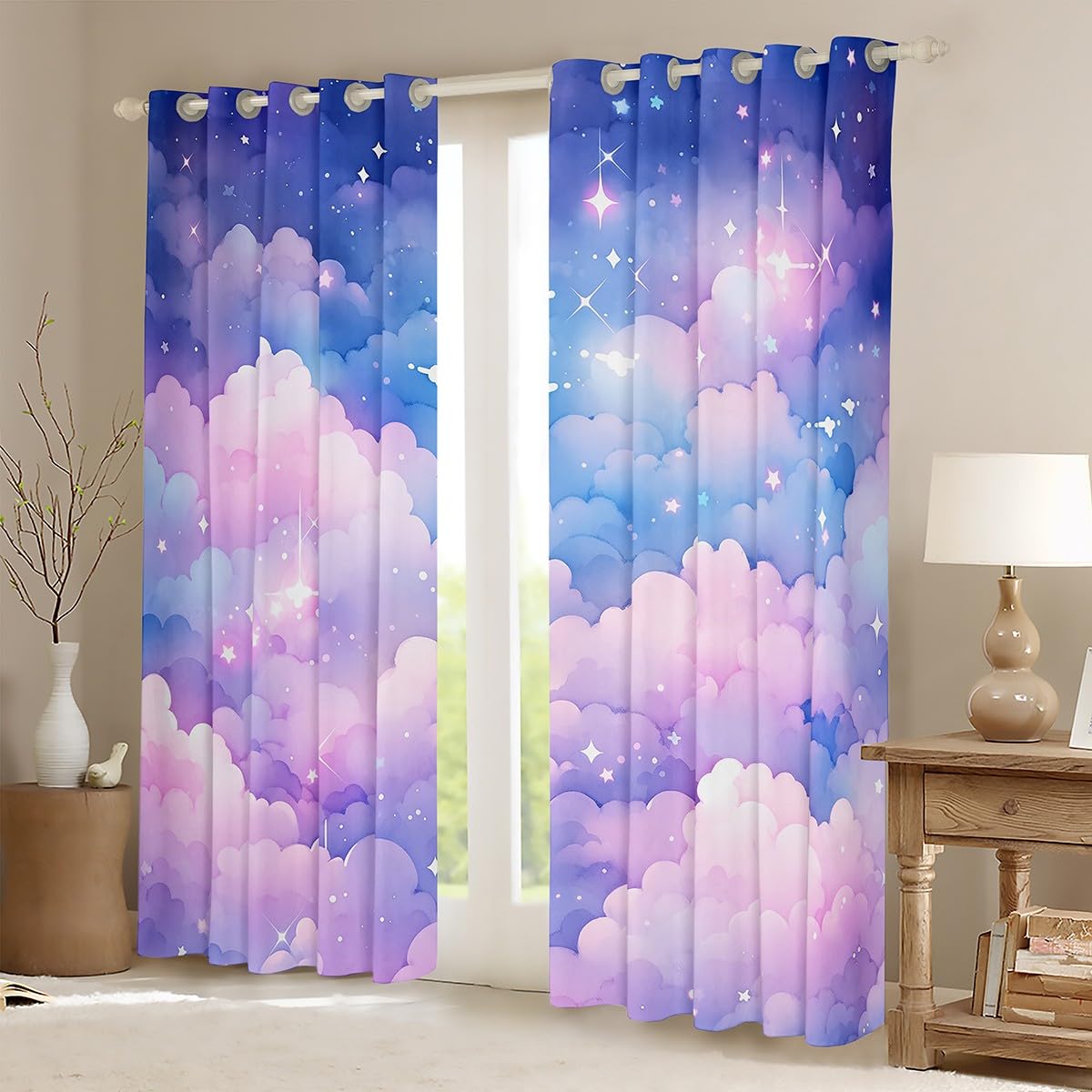 Feelyou Rainbow Sky Clouds Stars Window Drapes Colorful Pink Blue Purple Cloud Window Curtains for Bedroom Living Room Kids Boys Girls Princess Curtains Soft Grommet Curtain, 42W X 63L,2 Panels