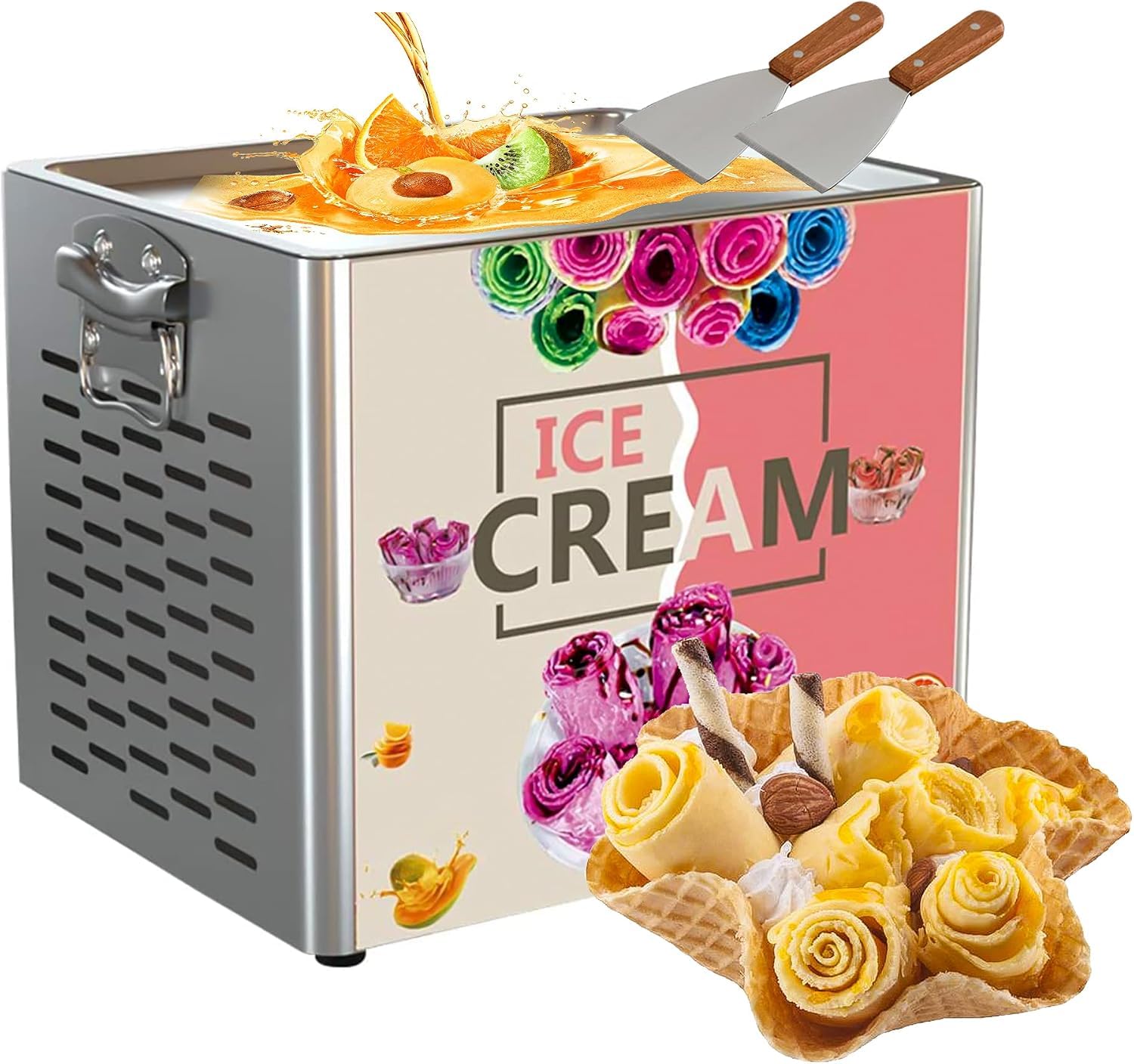 Máquina comercial para hacer helado enrollado de 180 W, máquina para hacer helado enrollado de 30 x 25 cm para yogur, helado y helado frito enrollado.