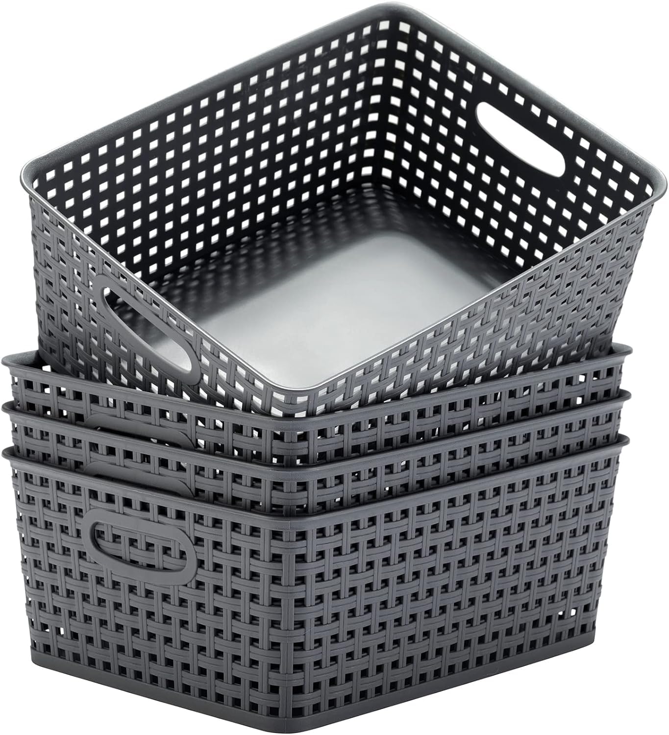Plastic Storage Baskets, Small Pantry Organizer Bins for Organizing, Stackable Woven Storage Basket Open Storage Box, Household Organizers for Bathroom, kitchen (4PCS - Grey)