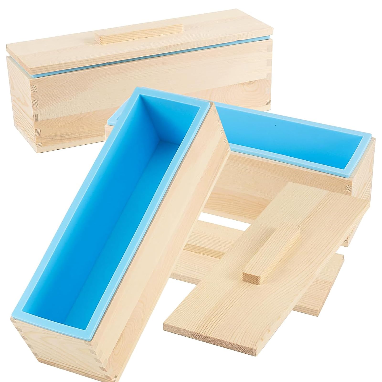 HAKZEON Silikon-Seifenformen, rechteckig, mit Holzbox und Abdeckungen, flexibles DIY-Form-Set für Seifenherstellung, Blau, 3 Packungen