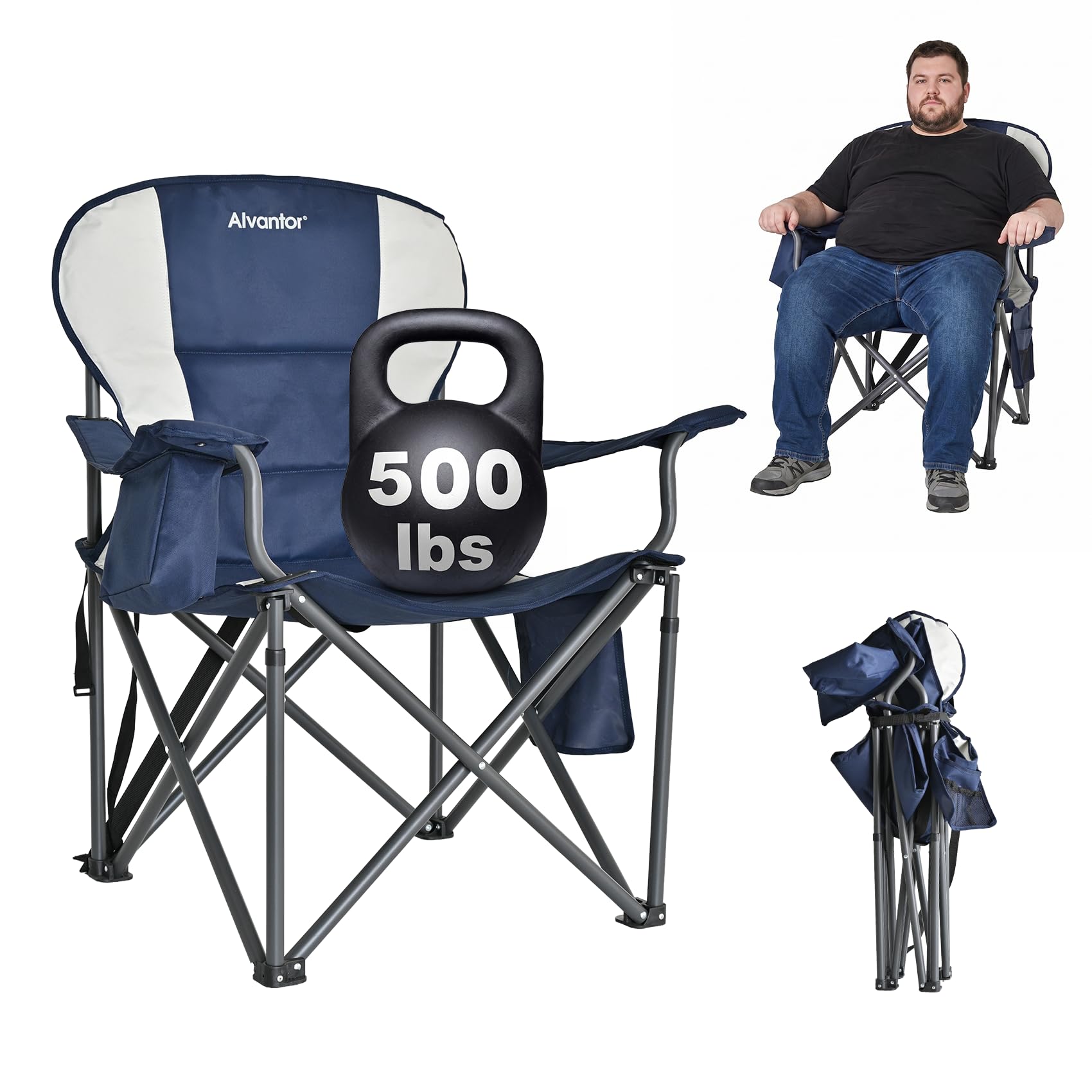 Alvantor Heavy Duty Folding Camping Chair, 500 LBS Oversized Outdoor Chair with Padded 600D Nylon Seat, Insulated Cooler Pocket, Portable for Hiking, Sports, Backyard