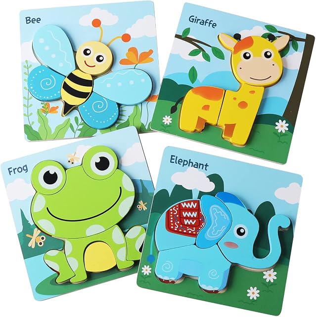 Wooden Jigsaw Puzzles for Toddlers, 4Pcs Animal Puzzle Jigsaw Set Early Learning Baby Kids Educational Toys Gifts for 1/2 / 3/4 Year Old for Boys Girls Children - Best Gift