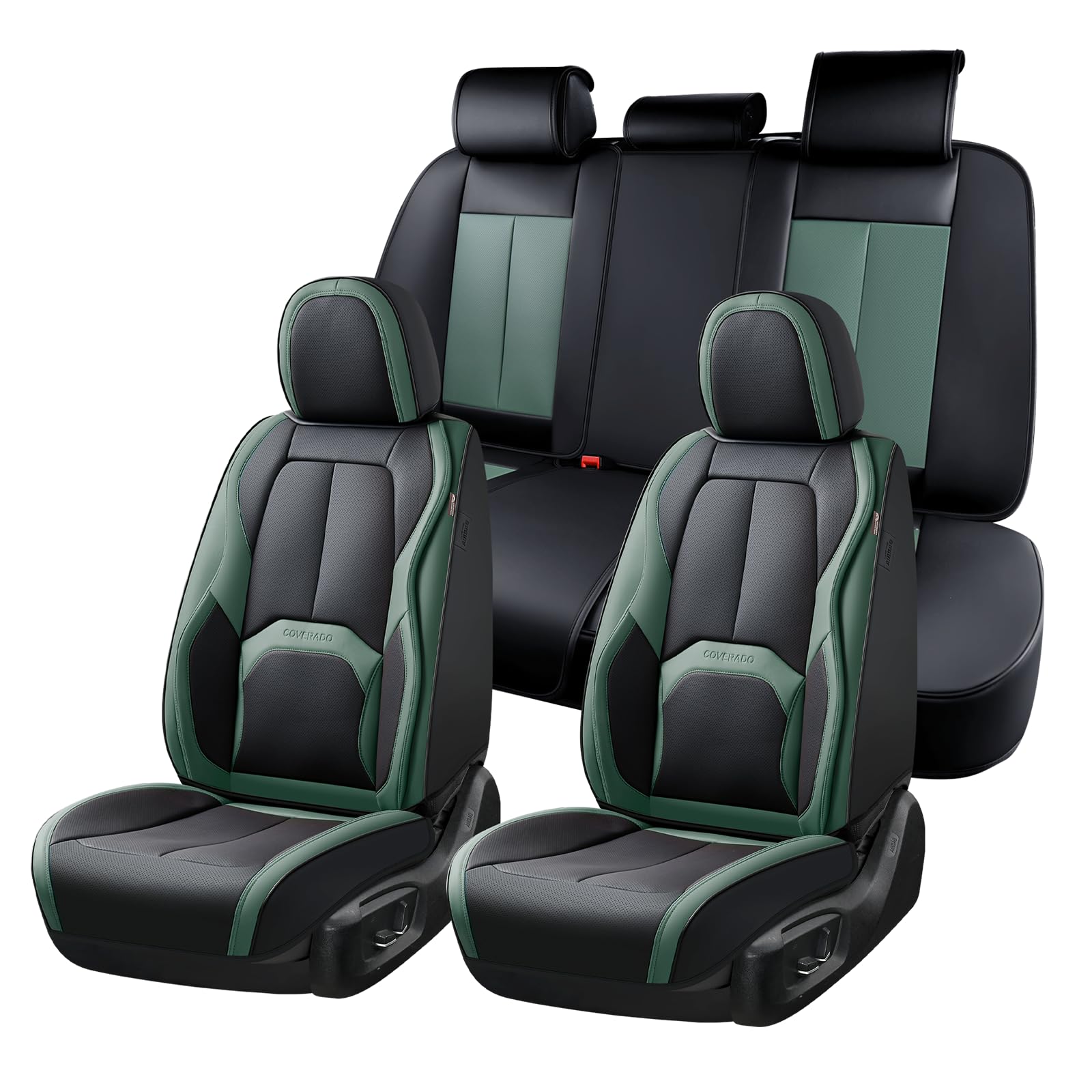 Coverado Car Seat Covers Full Set, Green Car Seat Cover, Car Leather Seat Protector with Lumbar Support, Waterproof Car Seat Cushion, Leather Seat Covers Universal Fit Most Cars, (Black&amp;Green)