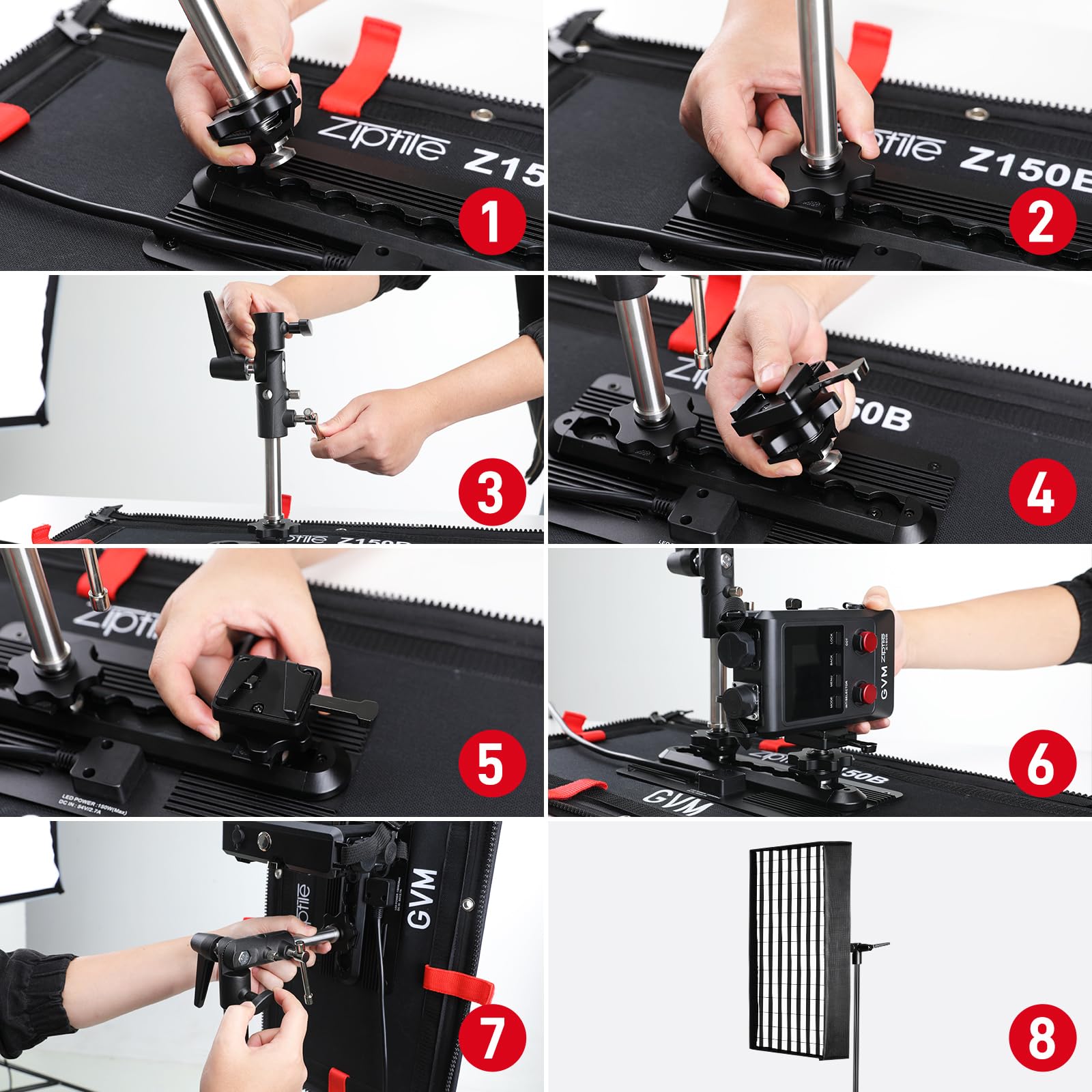 GVM ZipTile Z150B Lampe vidéo LED Flexible Bicolore 2700 K ~ 6800 K, 15500 lux/m 150 W, 12 Effets d'éclairage avec boîte à lumière Grille nid d'abeille, Prise en Charge par Application de contrôle